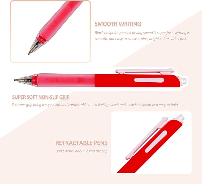 Linbsunne Ballpoint Pens Medium Point 1mm Black Pen with Super Soft Grip Ball Point Pen for Men Women Retractable Pens (Style2, 24-pack)