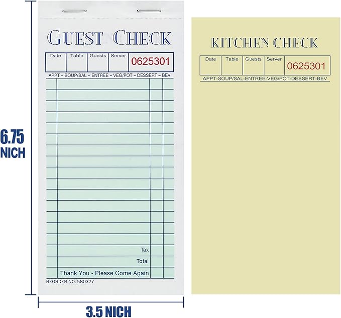 Batrical Guest Checks Server Note Pads 1000 Sheets With Carbonless Copy Paper for Restaurants (20 Books) 3.5" x 6.75" Per Ticket Book