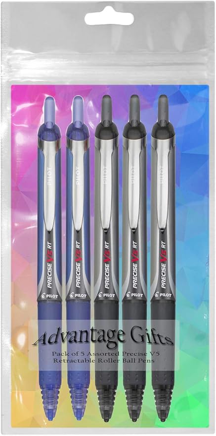 Precise V5 RT Retractable Rolling Ball Pens, Extra Fine Point (.5mm), Assorted Colors Black/Blue Ink, 5-pk; Premium Comfort Grip, Bundle with Plastic Reusable Pouch