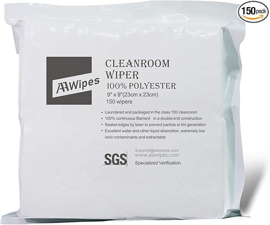 AAWipes Cleanroom Cloth Wipes 9"x9" (Bag of 150 Pcs) Double Knit 100% Polyester Wipers Lint Free Cloths with Ultra-fine Filaments, Laser Sealed Edge, Class 100 Cloths, Ultra-soft Wipes CP14009