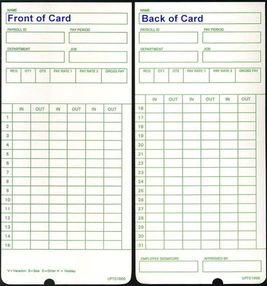 100 Time Cards for uPunch HN3000 AutoAlign Time Clock (uPTC1000-1 fits HN1000, HN1500, HN3000, HN3500, HN3540, UB1000) Non-Calculating Compatible