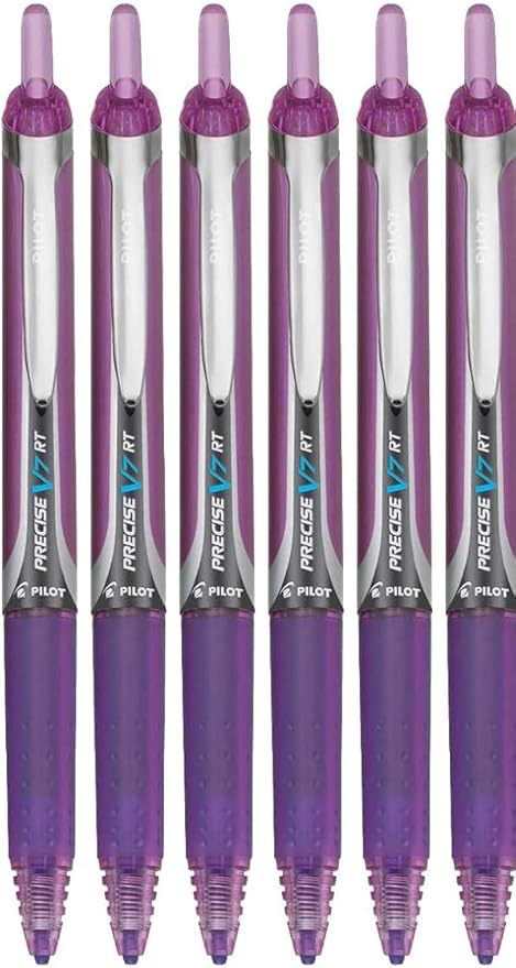 Precise V7 RT Retractable Rolling Ball Pens, Fine Point (.7mm), Purple Ink, 6-pk; Premium Comfort Grip, Bundle with Plastic Reusable Pouch