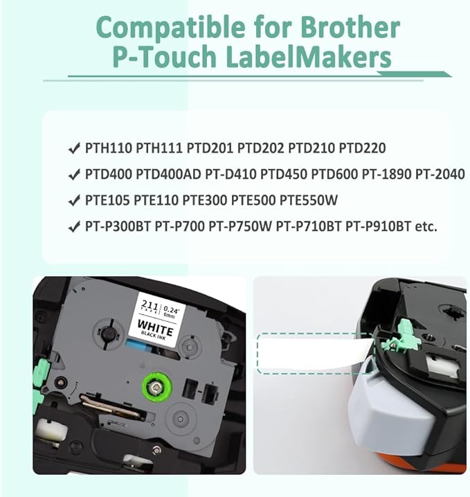 6-Pack 6mm 0.23" Laminated Tape Compatible for Brother P Touch Label Tape 6mm Tze211 Tze111 Tze411 Tze511 Tze611 Tze711 1/4" Tze Tz 0.23" Label for PTD220 PTH100 PTH110 PTD202 PTD210