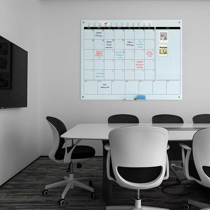 Magnetic Glass Whiteboard Calendar 48"x36" Glass Dry Erase Calender Board 36"x48" Monthly Plan White GlassBoard Wall Mounted for Office School Home (White)