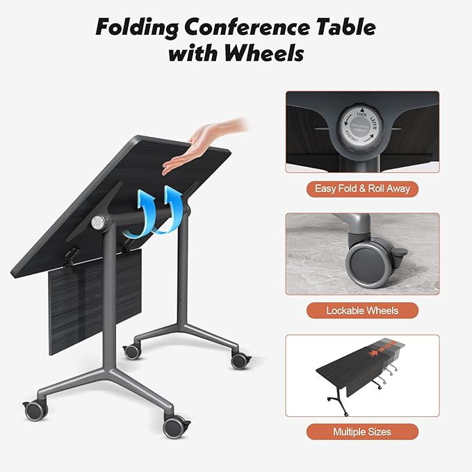 Goakwwuz Conference Room Table, Folding Conference Tables,Thicken Grey Tabletop,Flip Top Wooden Seminar Meeting Room Table for Conference Room Offices (6, BlackWoodGrain, 70.8”)