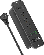 Recessed Power Strip with Retractable USB C Cable,2 PD 20W USB C,Flush Mount Countertop Drawer Outlet, Furniture Hidden Outlet for Side Table,End Table,3 Outlets (Black, 6FT-20W USB)