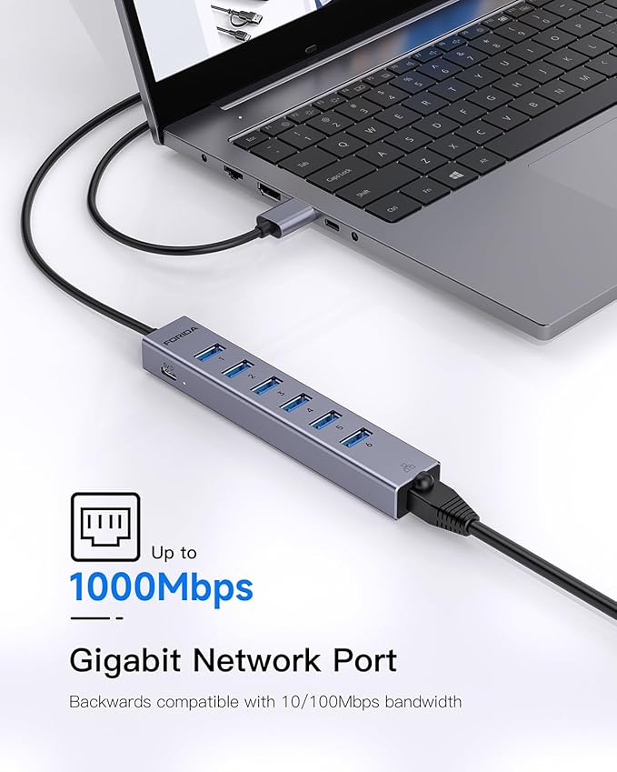 7 Port USB Hub USB Ethernet HUB with 3.9ft Long Cable for Laptop, USB Splitter with Gigabit Ethernet Port and 5V/3A Power Port, MultiPort Aluminum Expander for Laptop, iMac, PC, Flash Drives
