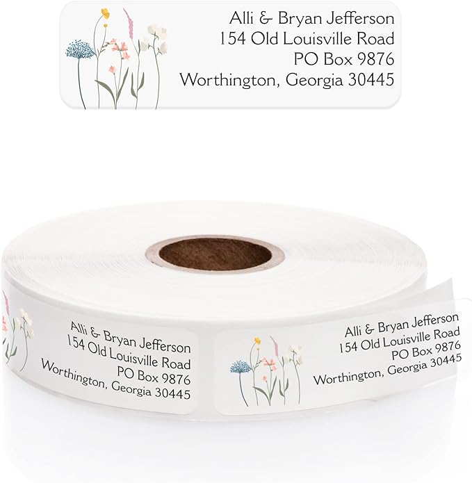 Clear Wildflower Rolled Address Labels / 250 Personalized Return Address Labels/Designer Address Stickers in Elegant Plastic Dispenser