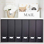 BLU MONACO Foldable Black Magazine File Holder – Set of 6 | Cardboard Desk File Organizer Boxes with Leather Label Holders | Vertical Magazine Storage for Office, Classroom & Home