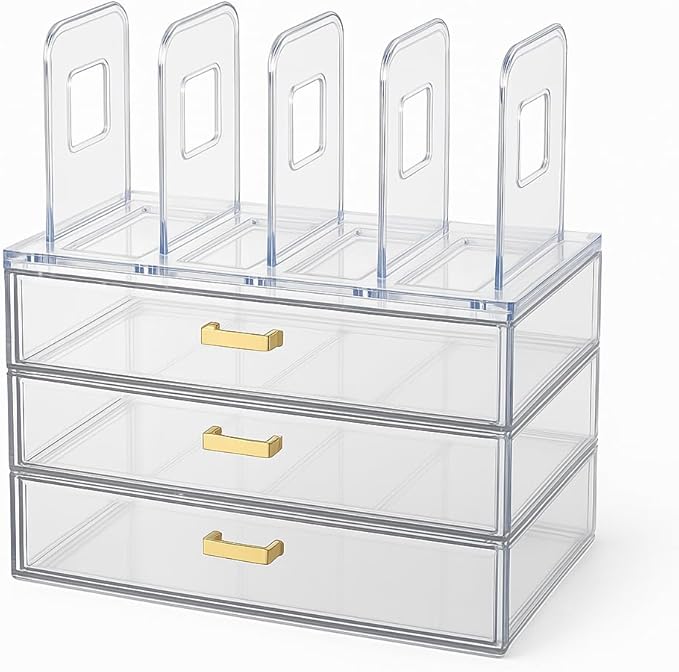 Acrylic Desk Organizer Set, 3 Pack Stackable Desktop Drawer Organizer with 4 Vertical File Holders and 2 Pen Holders, Desk Organizers and Accessories for Home Office Storage