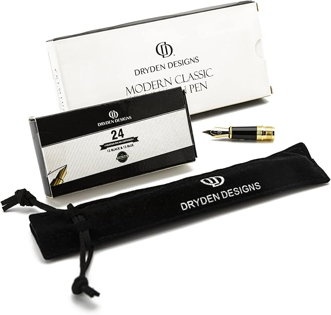 Dryden Designs Fountain Pen - Medium and Fine Nibs | Includes 24 Ink Cartridges and Ink Refill Converter | Calligraphy Pen, Consistent Writing, Smooth Flow - Pearl White.