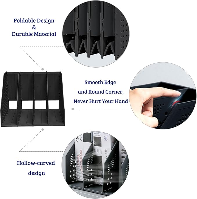 SAYEEC Collapsible Magazine Holder Plastic Desktop 4 Compartment File Rack Magazine Organizer Vertical File Divider Sorter Storage Document Organizer for Office Home School Black