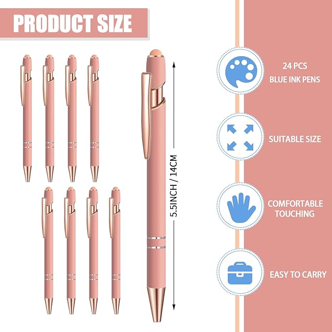 24 Pcs Blue Ink Ballpoint Pen with Stylus Tip 2 in 1 Ballpoint Pen 1.0 mm Blue Ink Metal Stylus Pen for Touch Screens Coworkers, Family, Colleagues, Office (Pink Rose Gold)