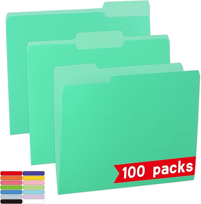 100 Packs File Folder,Light Green File Folders Letter Size,1/3-Cut Tabs,8.5x11 Inch File Folders for Office,School and Home,Organizer Documents