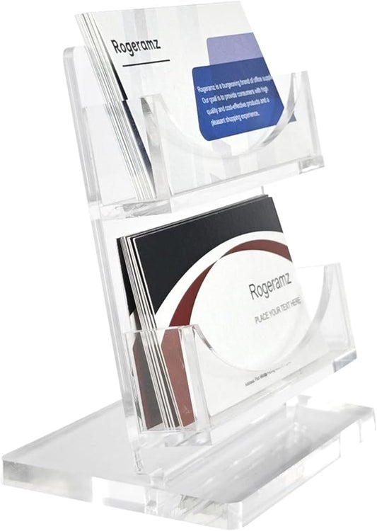 Acrylic Business Card Holder 2-Tier for Desk - Office & Exhibition Clear Business Card Display Stand, Business Card Organizer with 2 Slots, Holds Up to 130 Cards