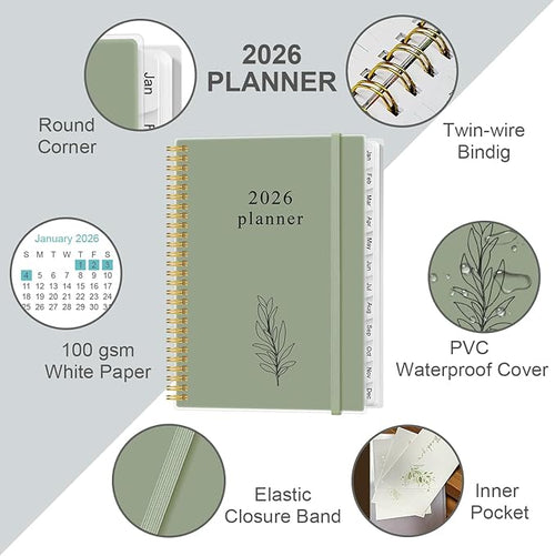 2026 Planner - Planner 2026 from January 2026 to December 2026 with 12 Monthly Tabs, Flexible Cover, Inner Pocket, 8.5" x 11", Green