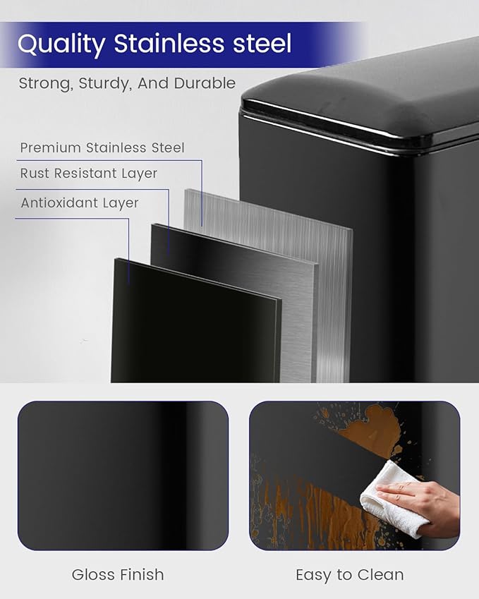 Kitchen Rubbish Bin, 45 Litre Waste Bin, Large Pedal Bin, Kitchen Rubbish Bin with Softclose Lid and Inner Bin, Slim Pedal Bin for Kitchen, Bathroom and Office, Black