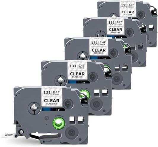 5-Pack TZe-131 TZ Tape 12mm 0.47 Laminated Clear Compatible with Brother P Touch Label Tape TZe131 TZ-131 Work with Ptouch PT-H100 D220 D210 PTD400 PTD-600 PTD610BT Label Maker, 1/2 in x 26.2 ft