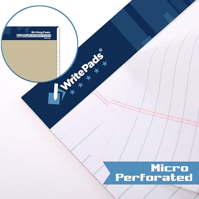 KAISA Legal Pads Large Wide Ruled Writing Pad, 8.5"x11.75" Note Pads 50 Sheets Per Pad, Ruled Paper Notepads, 20 lb Heavy Paper, Rigid Back lined Pads,3pads White Canary Blue,BK-3140,Made In The USA