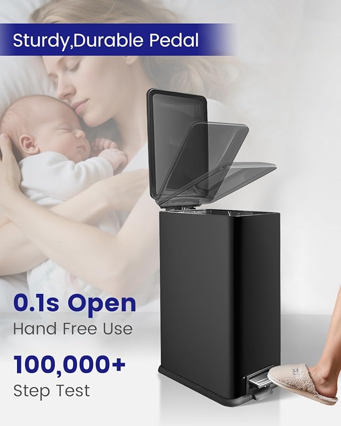 Kitchen Rubbish Bin, 45 Litre Waste Bin, Large Pedal Bin, Kitchen Rubbish Bin with Softclose Lid and Inner Bin, Slim Pedal Bin for Kitchen, Bathroom and Office, Black