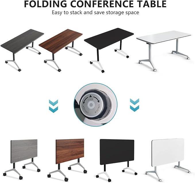 Goakwwuz Conference Room Table, Folding Conference Tables,Thicken Grey Tabletop,Flip Top Wooden Seminar Meeting Room Table for Conference Room Offices (6, Black+White, 55.1”)