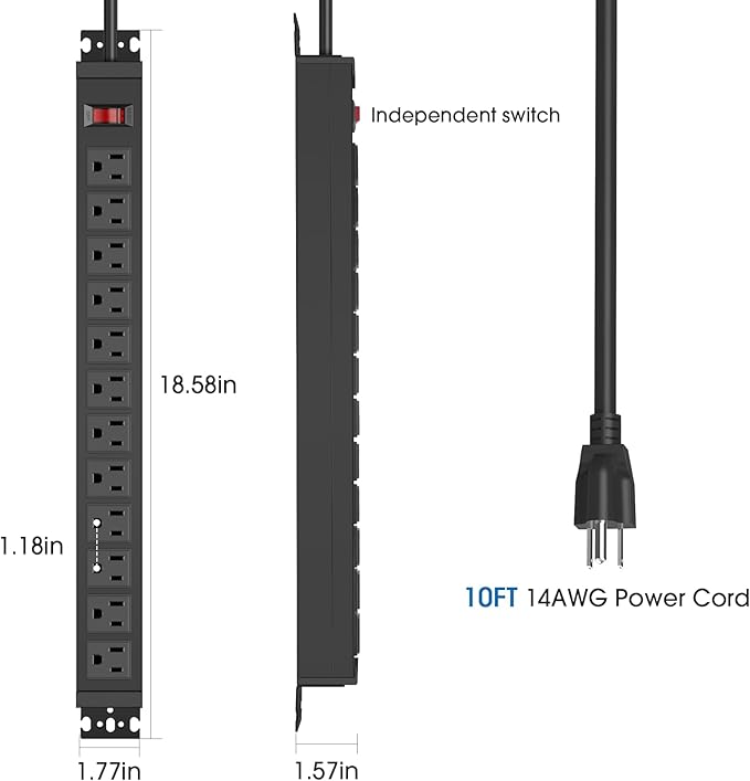 2Pack Rotating Mountable Power Strip, 12 Outlet Wall Mount Surge Protector, Metal Heavy Duty and Versatile Outlet Strip, Stylish Appearance, Sturdy and Durable, 10ft Power Cord.(Black)