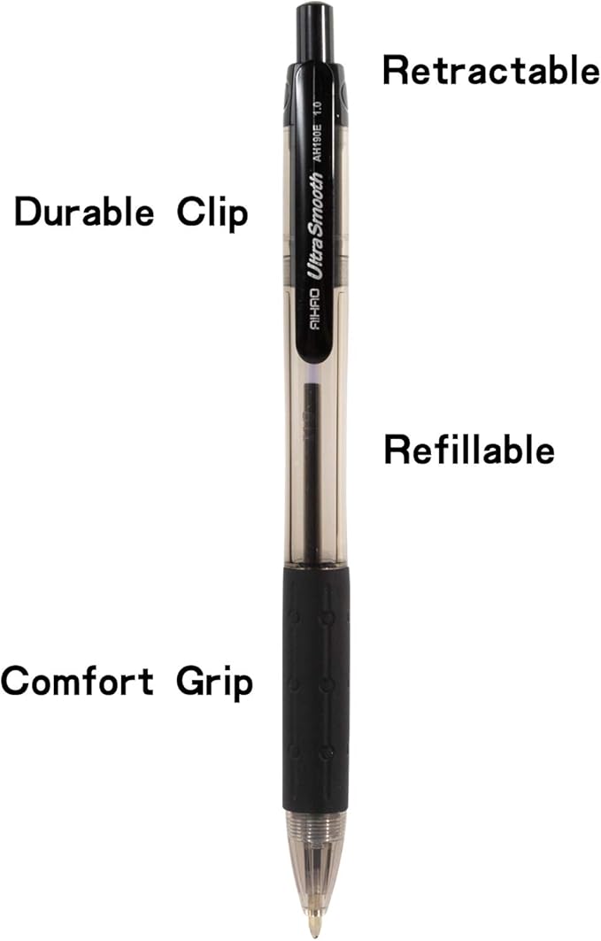 AIHAO Retractable Black Ballpoint Pen for Smooth Writing, Medium Point (1.0mm), Pack of 24, No Bleed Click Pens with Comfort Grip, Idea for Journaling, Planner, Note Taking