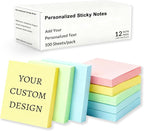 BEXOA EDC Bulk Personalized Sticky Notes 3"x3" - 4 Color Custom Notepads with Your Text, 100 Sheets/Pad, 12 Pack Set for Business Marketing, Office Supplies, Schools
