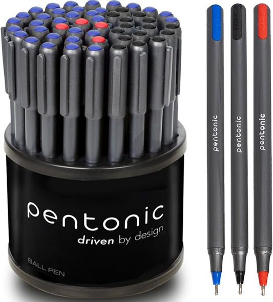 Pentonic Ballpoint Pens In Pen Organizer, Bulk 50 Count, Assorted Colored Ink (Red, Black, Blue), 1.0 mm Medium Point, Smooth Writing (PEN12086)
