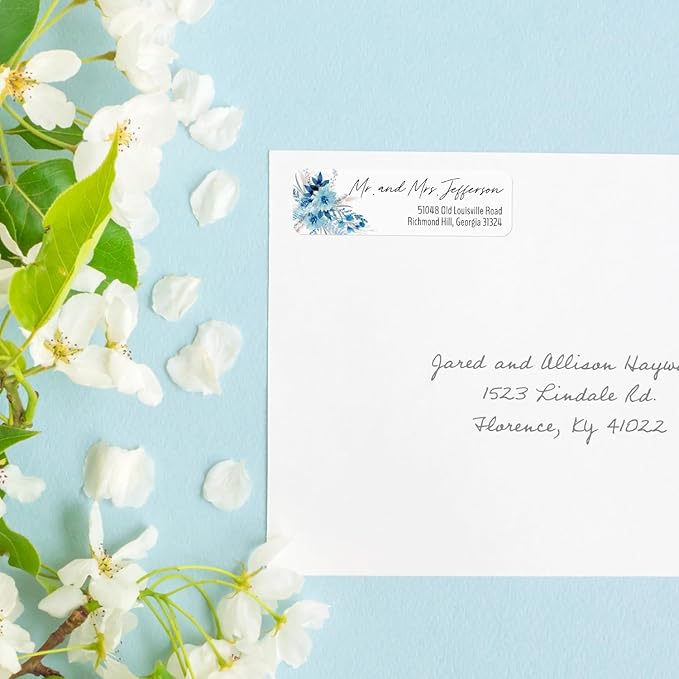 Blue Floral Rolled Address Labels / 250 Personalized Return Address Labels/Designer Address Stickers in Elegant Plastic Dispenser