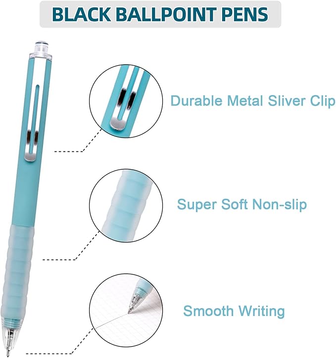 Linbsunne Ballpoint Pens Medium Point 1mm Black Ink Work Pen with Super Soft Grip Ball Point Pen for Men Women Retractable Office Pens (Silver Clip-12 count)