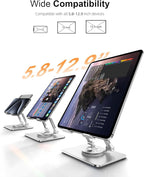 Tablet Stand Holder with Thickened 360°Rotating Base Dual Rod Adjustable Aluminum Stand for All 5.8-12.9” iPad Samsung Phone Tablet Kindle E-Reader and More, Silver
