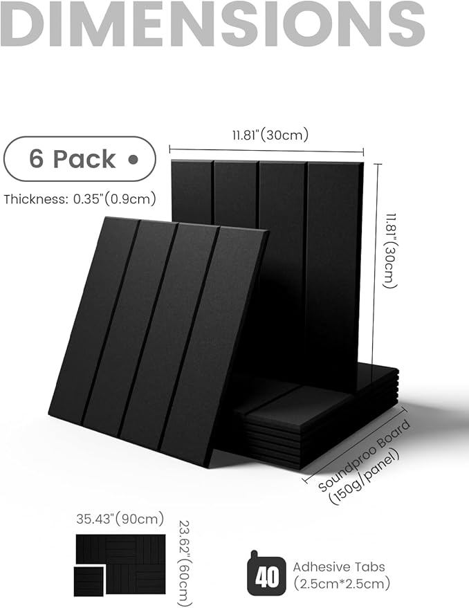 Fluxynara Felt Bulletin Board Tiles Large 36" x 24" Cork Board Alternative-6 Pack with 40 Adhesive Tabs, Thick Slat Wall Panels for Office Decor, Push Pin Board Wall Organizer Alternative - Black