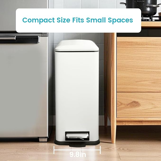 8 Gallon Slim Trash Can with Soft Close Lid, Stainless Steel Trash Can with Removal Inner Bucket, Hand -Free Trash Bin for Kitchen, Office, Laundry, Bathroom, 30 Liter Capacity, White