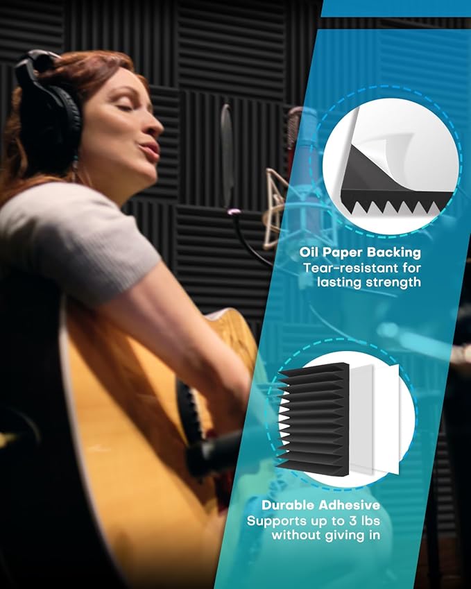 Knightsacoustic 48 Pack Sound Proof Foam Panels for Walls with Self Adhesive, 12x12x1 Acoustic Foam Panels, High Density Acoustic Panels Sound Absorbing, Fire Resistant Studio Sound Proofing Black