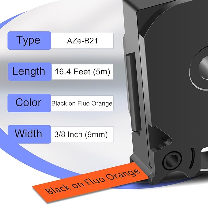2 Pack Compatible for Ptouch TZe-B21 TZ-B21 TZe TZ Label Tape 9mm 0.35'' Laminated Black on Fluo Orange Label Maker Tape for PT-9700PC PT-1880 PT-1230PC PT-1280 PT-1800 PT-1830