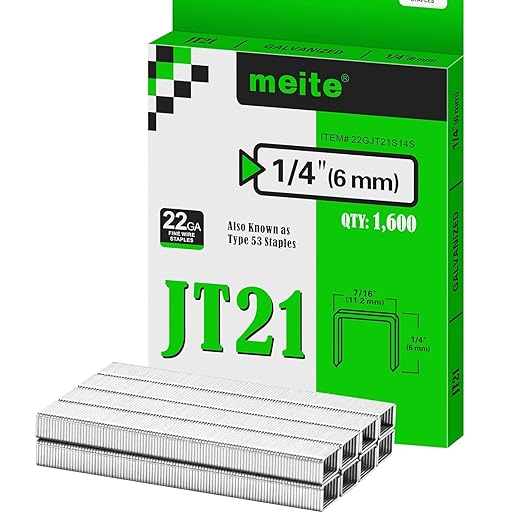 meite JT21 Staples, 1/4 Inch Galvanized Fine Wire Staples for Staple Gun - 7/16" Crown JT21 Staple Refill, Ideal for Upholstery, Crafts, Furniture (5 Packs)