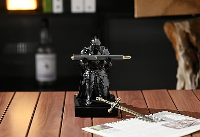 Amoysanli Medieval Armored Warrior Wearing Outerwear, Mobile Phone Stand Knight Pen Holder Desk Organizers, Resin Bookends Paperweight with a Letter Opener for Desk (Black)