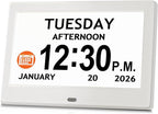 7'' Digital Clock, Dementia Clock With Date And Time, 10 Reminders, 6 Alarms, Auto-Dimming, Auto DST, Remote Control, Large Display Alarm Clock For Seniors, Gifts For People With Dementia, White