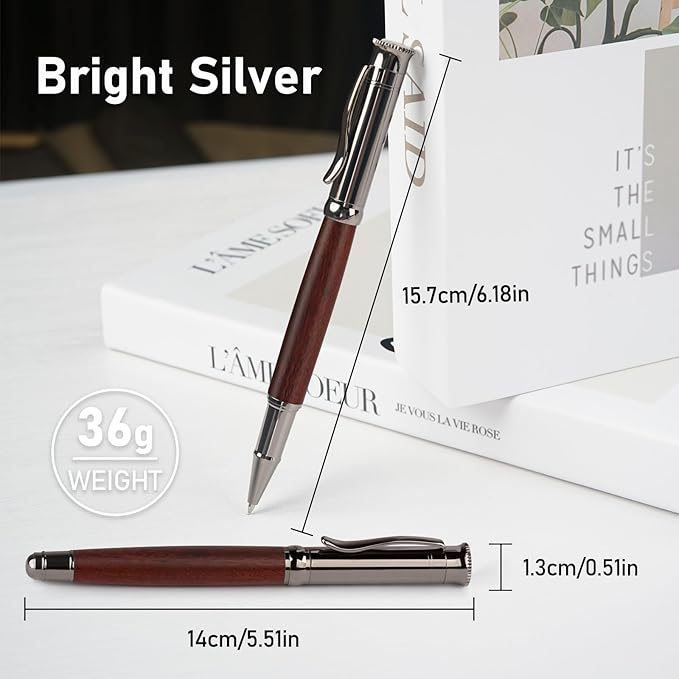 WEMATE Wood Rollerball Pen Set, Extra 2 Ink Refills(1 Black & 1 Blue), Fancy Writing Pen Nice Luxury Office Gift for Men, Professional and Executive, Cool Wooden Pen for Journaling - Bubinga