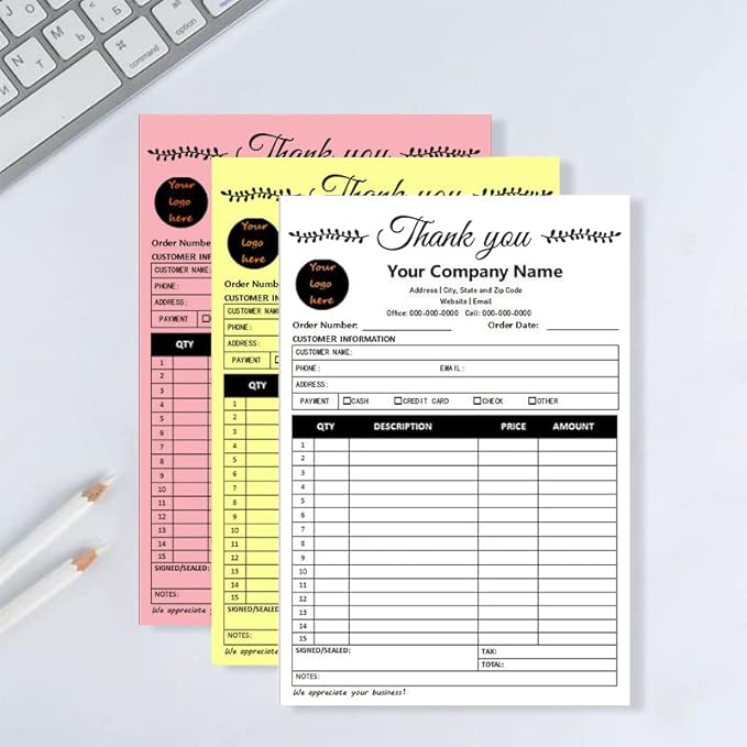 Personalized Invoice Book Custom 2 Part/3 Part Receipt Book Quote Estimate Order Forms Carbonless Form with Your Company Name Logo Address,2-10 Books (Style 12)