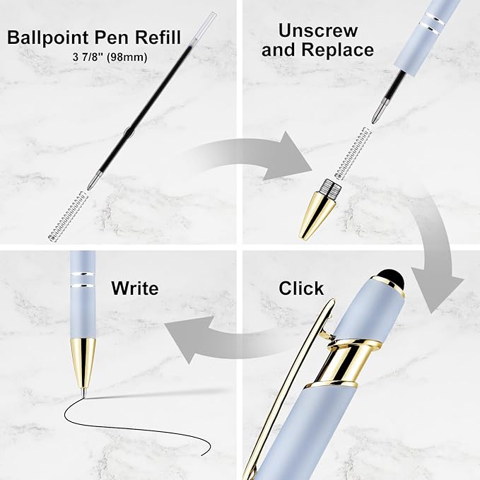 LINFANC 12 Pack Morandi Gold Ballpoint Pen with Stylus Tip, 1.0 mm Black Ink Smooth Writing Pens, Metal Stylus Pens for Touch Screens