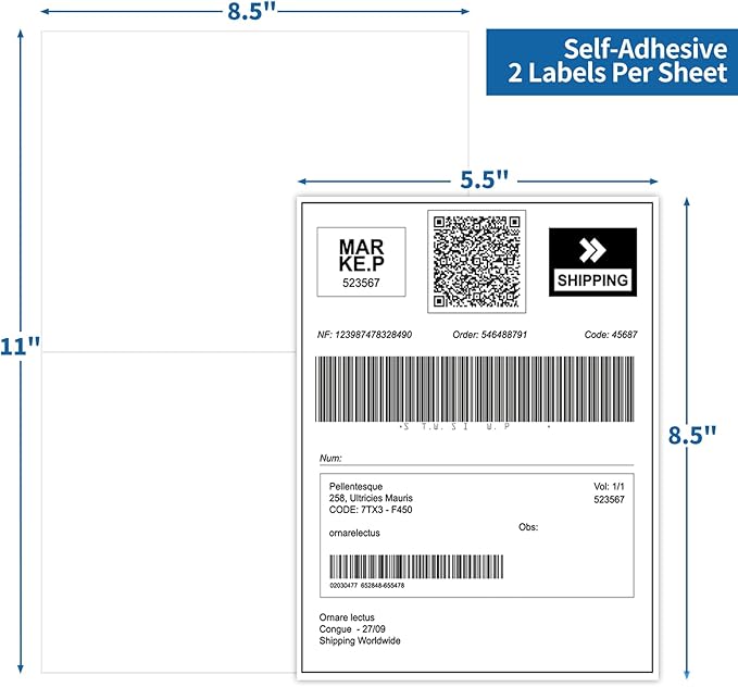 Half Sheet Shipping Labels - 50 Counts, 8.5” x 5.5” Self Adhesive Shipping Label White Internet Mailing Labels 2 Per Page, Laser & Inkjet Printer Compatible [25 Sheets 8.5” x 11”]