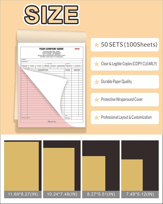 Custom Carbonless Invoice Book with Logo, Personalized Cover & Inner Pages, 2 Part NCR Receipt & Work Order Forms, Easy Tear, Writing Shield for Small Business (2-Part [White/Red], 11.8x8.3INCH)