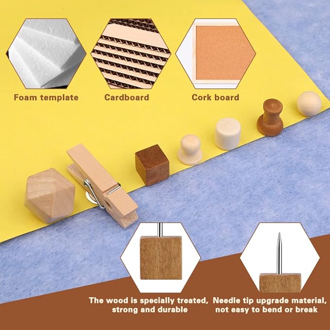 114 Pcs Wood Push Pins, 2 Colors and 7 Types Decorative Thumb Tacks Wooden Head Pin Map Tacks Marking Pin, Wood Thumb Tacks Decorative for Bulletin Boards Craft Projects with Storage Box