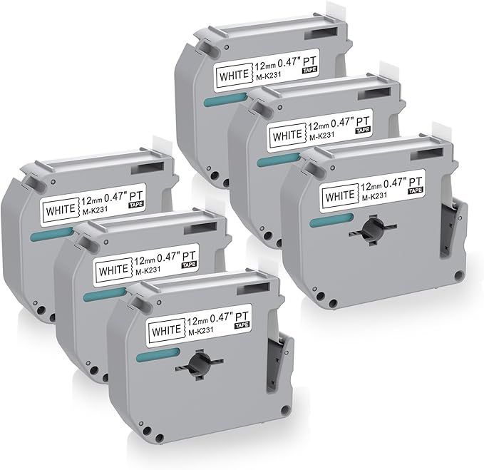 6 x Label Maker Tape Replacement for Brother P Touch M Tape M-K231 M-K231s MK231 MK-231 M231 12mm 0.47 White, Compatible with Brother P Touch PT-M95,PT-90,PT-70,PT-65,PT-85 Label Maker Refills,26.2 Ft