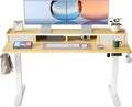 YIHAYO Electric Standing Desk with Drawers, 60 x 24 Inches Adjustable Desk with Storage Shelf, Computer Table with Splice Board for Home Office, White Frame/Natural Top