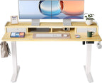 YIHAYO Electric Standing Desk with Drawers, 60 x 24 Inches Adjustable Desk with Storage Shelf, Computer Table with Splice Board for Home Office, White Frame/Natural Top