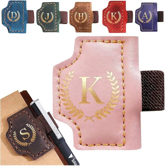 Personalized Mark Bookmark with Pen Holder, Leather Magnetic Book Marker 26 Letters,Custom Initials Page Marks, Gifts for Book Lovers Readers Men Women (Pink, K)