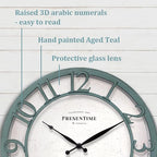 Presentime & Co 13" Farmhouse Series Wall Clock, Shiplap Style, Silent No Ticking, Coastal Clock, Raised 3D Arabic Numeral, Aged Teal Finish